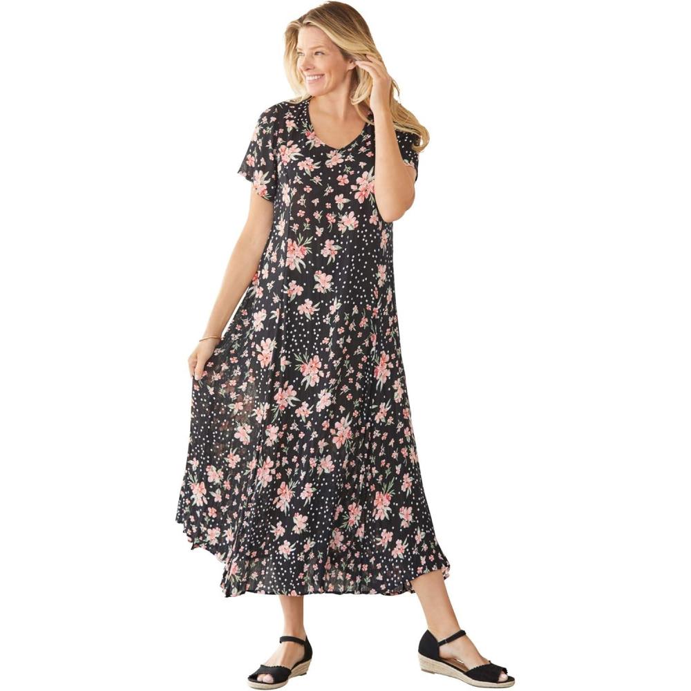 image:imageWoman Within Plus Size ShortSleeve Crinkle DressBlack Patch Floral