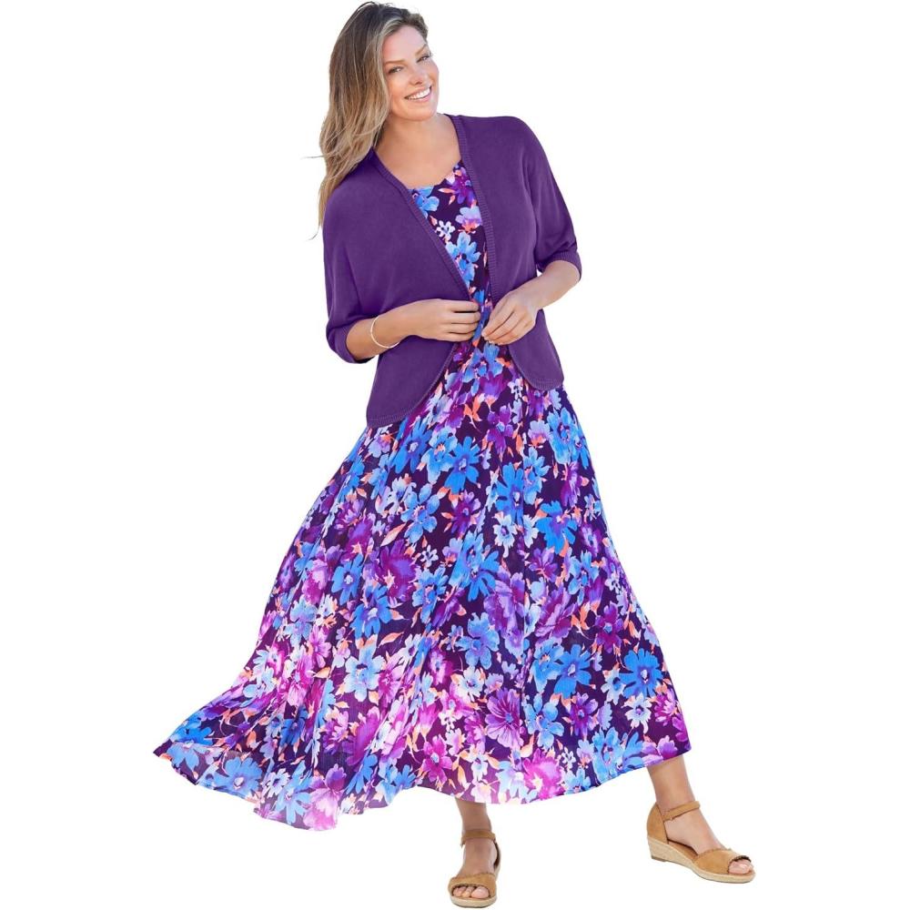 image:imageWoman Within Plus Size ShortSleeve Crinkle DressRadiant Purple Floral