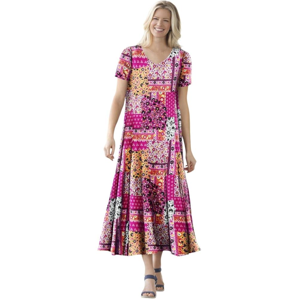 image:imageWoman Within Plus Size ShortSleeve Crinkle DressRaspberry Sorbet Patched Paisley
