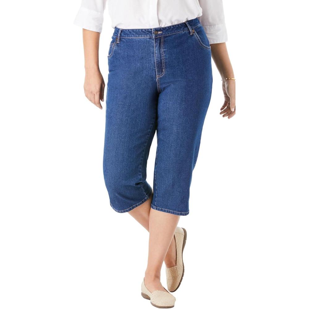 image:imageWoman Within Plus Size Stretch Denim FivePocket Capri JeansMedium Stonewash