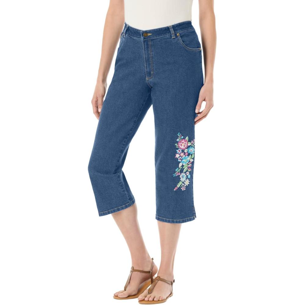 image:imageWoman Within Plus Size Stretch Denim FivePocket Capri JeansMedium Stonewash Floral Embroidery