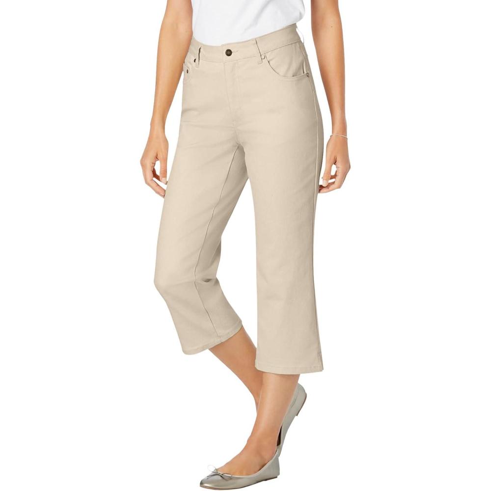 image:imageWoman Within Plus Size Stretch Denim FivePocket Capri JeansNatural Khaki