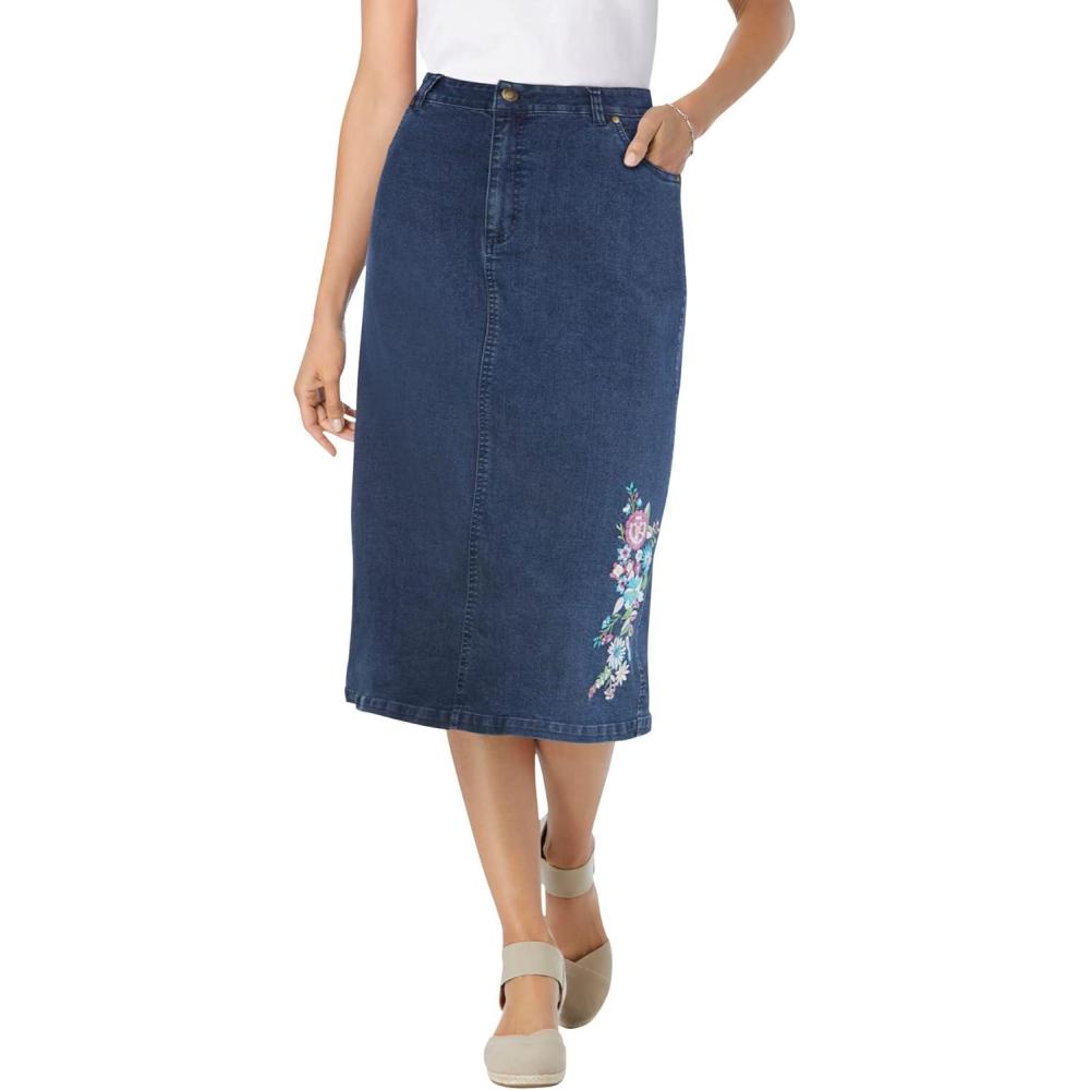 image:imageWoman Within Plus Size Stretch Denim FivePocket Jeans SkirtStonewash Floral