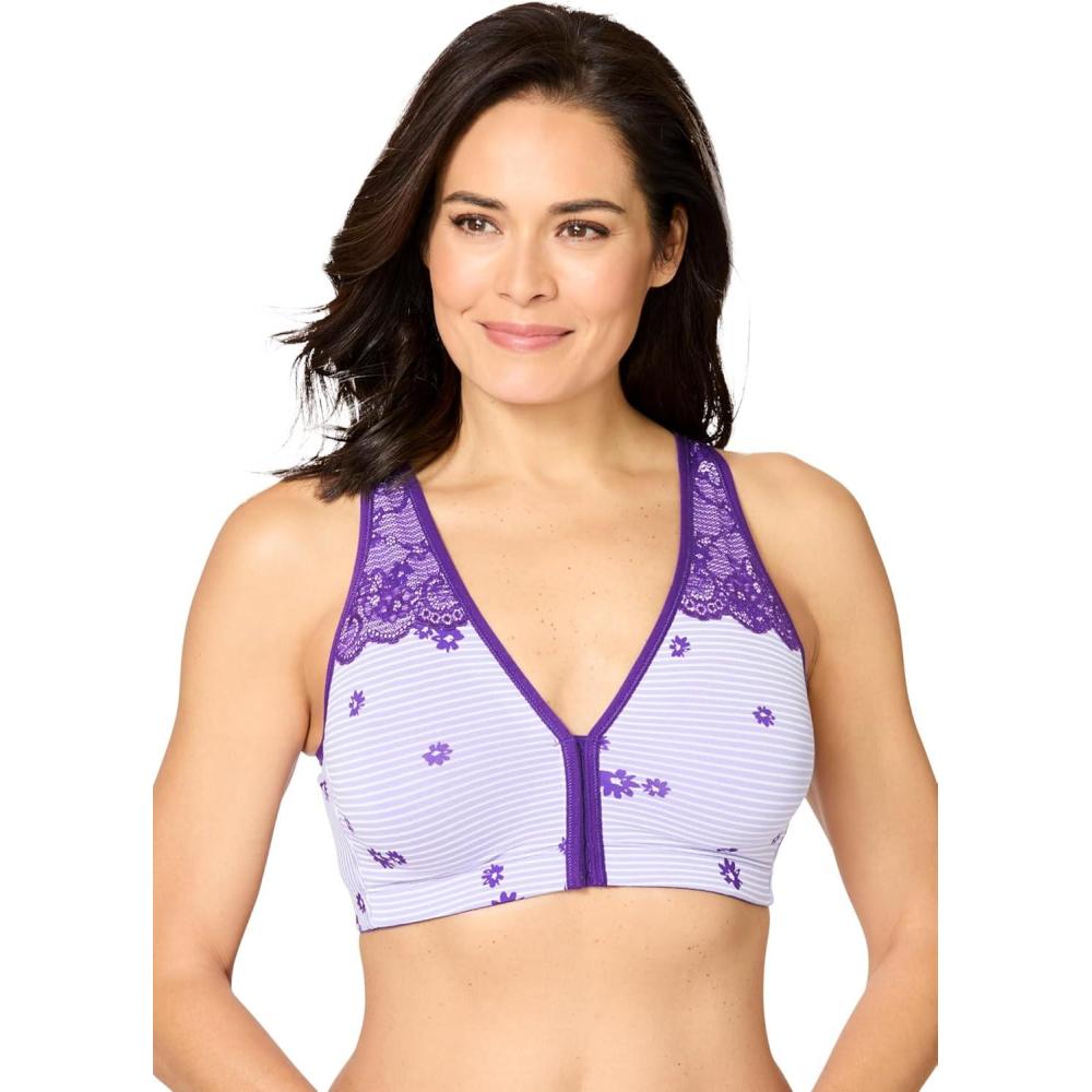 image:imageWomens Plus Size Wireless FrontClose Cotton Comfort BraPlum Burst Stripe Floral