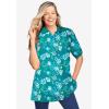Woman Within Plus Size Elbow-Sleeve Polo Tunic(Black Multi Floral)