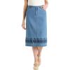 Woman Within Plus Size Stretch Denim Five-Pocket Jeans Skirt(Light Stonewash Border Embroidery)