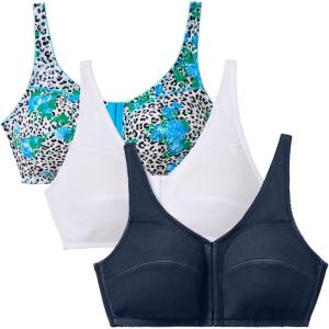 Comfort Choice Women’s Plus Size 3-Pack Front-Close Cotton Wireless Bra(Evening Blue Pack)