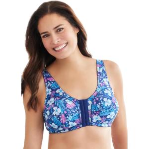 Comfort Choice Women’s Plus Size Cotton Front-Close Wireless Bra(Evening Blue Foliage)