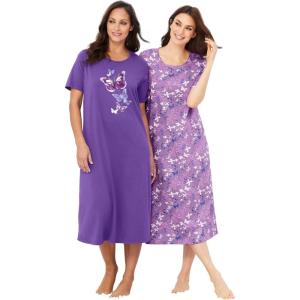 Dreams & Co. Plus Size 2-Pack Long Sleepshirts(Plum Burst Floral Butterfly)