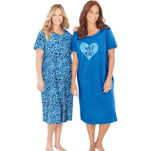 Dreams & Co. Plus Size 2-Pack Long Sleepshirts(Pool Blue Animal Hearts)
