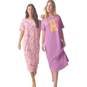 Dreams & Co. Plus Size 2-Pack Long Sleepshirts(Pretty Orchid Roses)