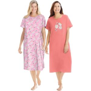 Dreams & Co. Plus Size 2-Pack Long Sleepshirts(Sweet Coral Bees)