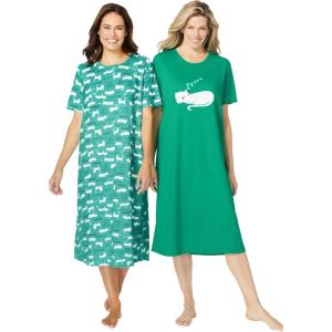 Dreams & Co. Plus Size 2-Pack Long Sleepshirts(Tropical Emerald Cat)
