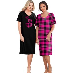 Dreams & Co. Plus Size 2-Pack Short-Sleeve Sleepshirt(Black Hearts)