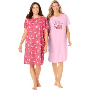 Dreams & Co. Plus Size 2-Pack Short-Sleeve Sleepshirt(Pink Tea Cup)