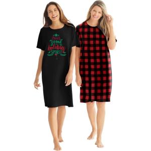 Dreams & Co. Plus Size 2-Pack Short-Sleeve Sleepshirt(Red Buffalo Plaid)