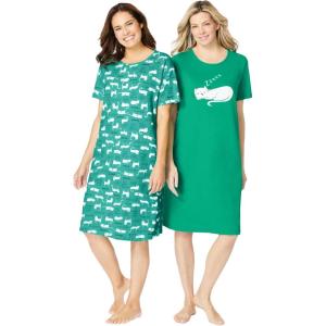 Dreams & Co. Plus Size 2-Pack Short-Sleeve Sleepshirt(Tropical Emerald Cat)