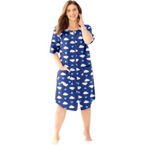 Dreams & Co. Plus Size Short French Terry Zip-Front Robe(Ultra Blue Clouds)