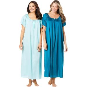 Only Necessities Plus Size 2-Pack Long Silky Gown(Deep Teal Pale Ocean)