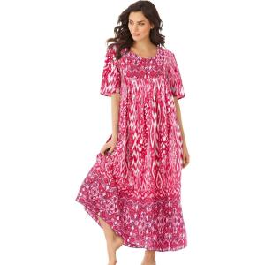 Only Necessities Women’s Plus Size Bib Front Lounger House Dress, Nightgown(Pink Burst Ikat)