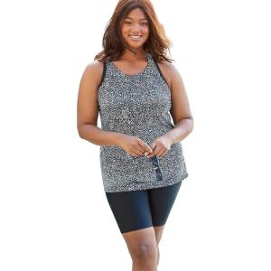 Swimsuits for All Swim 365 Women’s Plus Size Longer-Length Racerback Tankini Top(Black White Leopard)