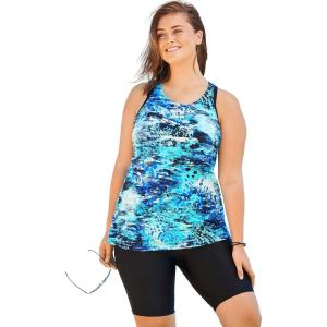 Swimsuits for All Swim 365 Women’s Plus Size Longer-Length Racerback Tankini Top(Blue Abstract)