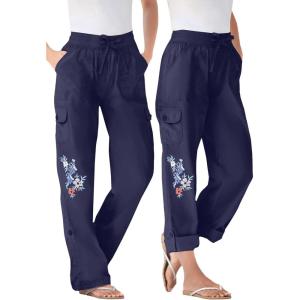 Woman Within Plus Size Convertible 2-in-1 Cargo Pant & Capri Elastic Waist(Navy Floral Embroidery)