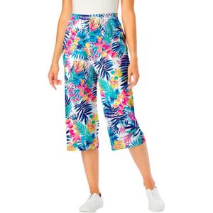 Woman Within Plus Size Elastic-Waist Pull-On Knit Pocket Capri Pants(White Multi Tropicana)