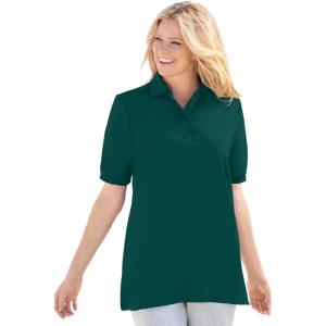 Woman Within Plus Size Elbow-Sleeve Polo Tunic(Emerald Green)