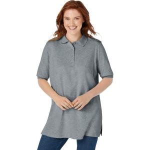 Woman Within Plus Size Elbow-Sleeve Polo Tunic(Medium Heather Grey)