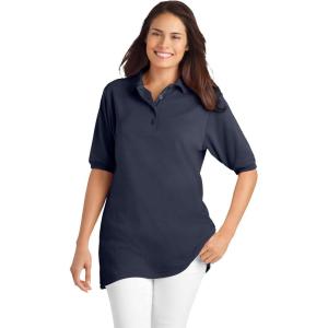 Woman Within Plus Size Elbow-Sleeve Polo Tunic(Navy)