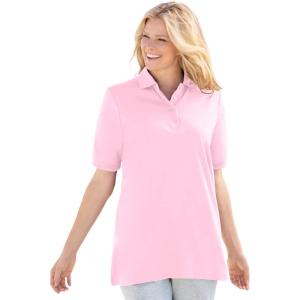 Woman Within Plus Size Elbow-Sleeve Polo Tunic(Pink)