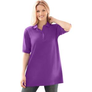 Woman Within Plus Size Elbow-Sleeve Polo Tunic(Purple Orchid)