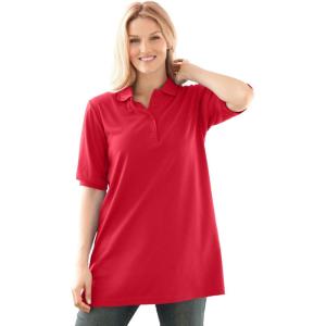 Woman Within Plus Size Elbow-Sleeve Polo Tunic(Vivid Red)