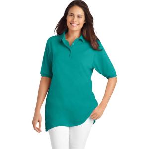 Woman Within Plus Size Elbow-Sleeve Polo Tunic(Waterfall)