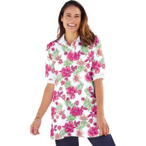 Woman Within Plus Size Elbow-Sleeve Polo Tunic(White Tropical)