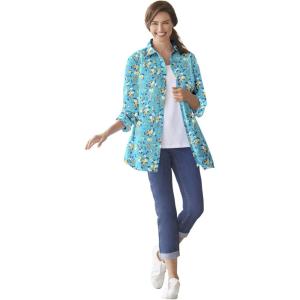 Woman Within Plus Size Perfect Long Sleeve Shirt(Aquamarine Pretty Bloom)