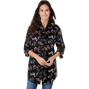 Woman Within Plus Size Perfect Long Sleeve Shirt(Black Multi Leaves)