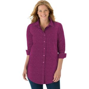 Woman Within Plus Size Perfect Long Sleeve Shirt(Deep Claret Allover Dot)