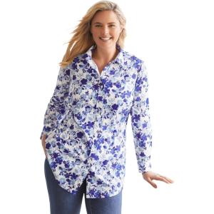 Woman Within Plus Size Perfect Long Sleeve Shirt(Ultra Blue Shadow Floral)