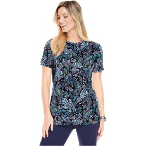Woman Within Plus Size Perfect Printed Short-Sleeve Crewneck Tee(Black Paisley)