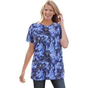 Woman Within Plus Size Perfect Printed Short-Sleeve Crewneck Tee(Navy Floral Tie Dye)
