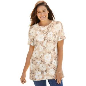 Woman Within Plus Size Perfect Printed Short-Sleeve Crewneck Tee(New Khaki Bloom)