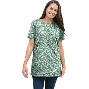 Woman Within Plus Size Perfect Printed Short-Sleeve Crewneck Tee(Sage Blossom Vine)