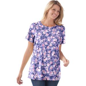 Woman Within Plus Size Perfect Printed Short-Sleeve Crewneck Tee(Soft Iris Blossom Vine)