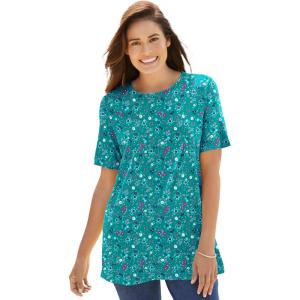 Woman Within Plus Size Perfect Printed Short-Sleeve Crewneck Tee(Waterfall Lovely Ditsy)