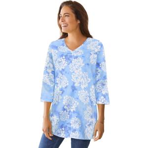 Woman Within Plus Size Perfect Printed Three-Quarter Sleeve V-Neck Tee(French Blue Soft Lotus)