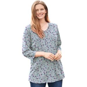 Woman Within Plus Size Perfect Printed Three-Quarter Sleeve V-Neck Tee(Heather Grey Pretty Floral)