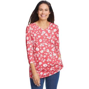 Woman Within Plus Size Perfect Printed Three-Quarter Sleeve V-Neck Tee(Sweet Coral Butterfly Ditsy)