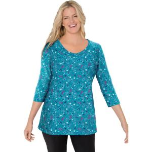 Woman Within Plus Size Perfect Printed Three-Quarter Sleeve V-Neck Tee(Waterfall Lovely Ditsy)